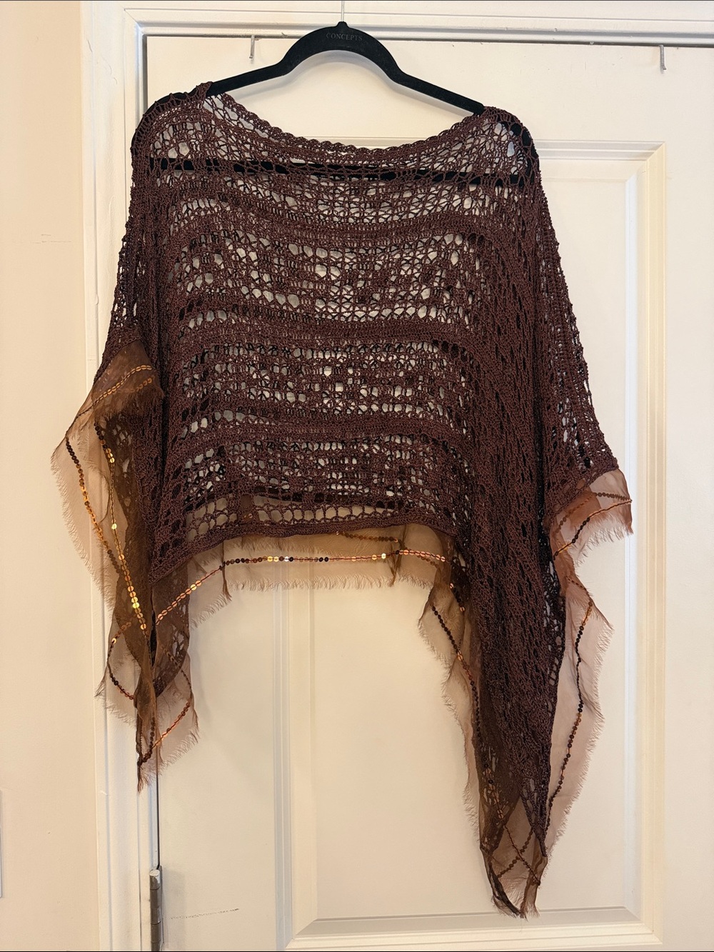 Cache Brown Open-Knit Poncho with Sequin Trim ONE SIZE FITS ALL- no actually siz